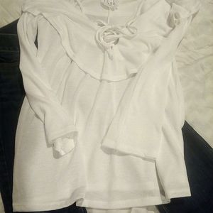 White blouse. Long sleeve off shoulder.